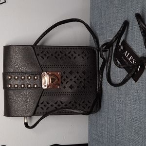 Black Small Crossbody Flower Laser Cut Designed Flap Gold Turn Lock Closure AsIs